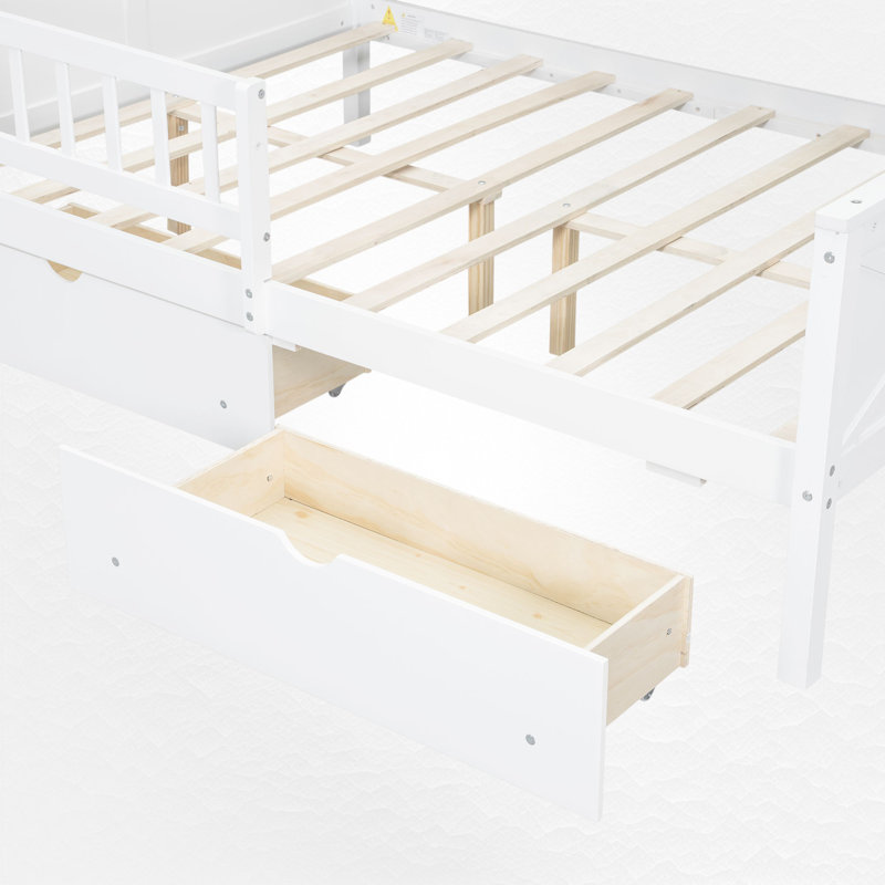 Lit plateforme double en bois avec rangement et garde-corps, Blanc
