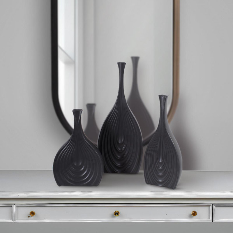 Morea Tapered Matte Black Ceramic Onion Vase, 12" H x 7.88" W x 2.5" D