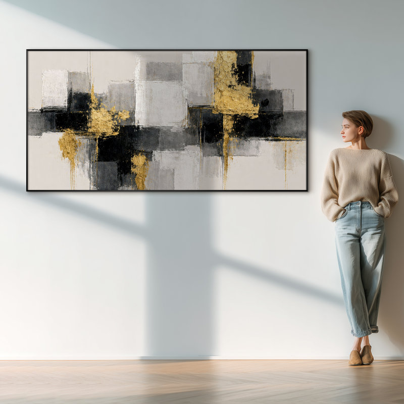 Très grand art mural imprimé sur tissu - Accents dorés abstraits noirs, décoration de salon contemporain - «Assemblage requis du cadre (cadre non fini)»
