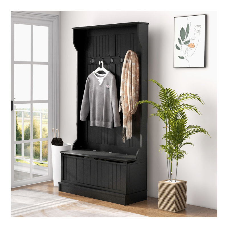 Arbre d'entrée 3-en-1 avec banc de rangement, portemanteau avec quatre crochets et rangement pour chaussures, noir, Noir