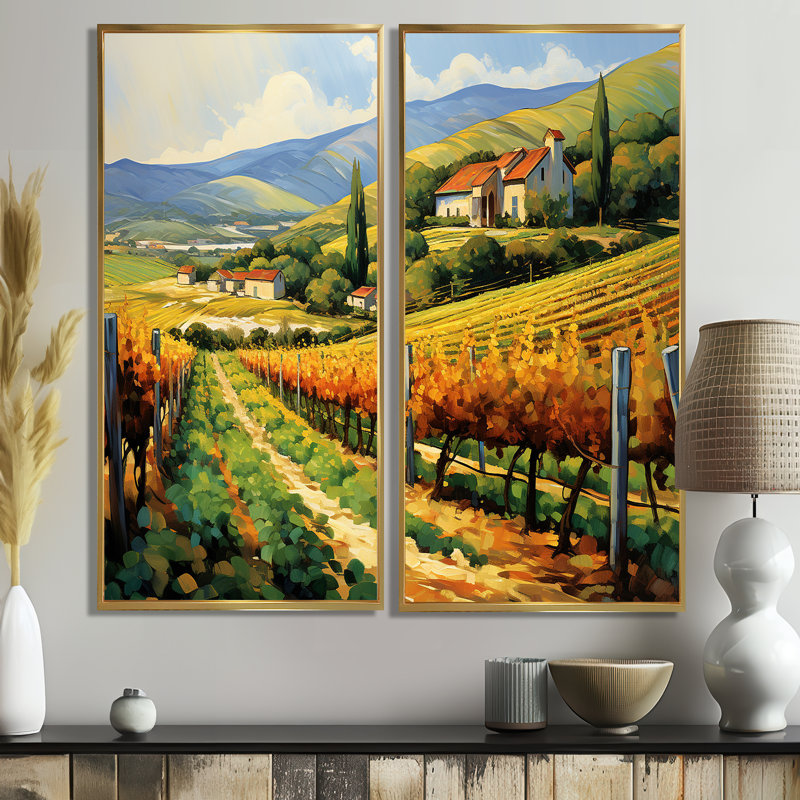«Vangogh Sunlit Vineyard II» - art mural traditionnel jaune 2 panneaux, 20" H x 24" W, Impression encadrée flottante, Gold