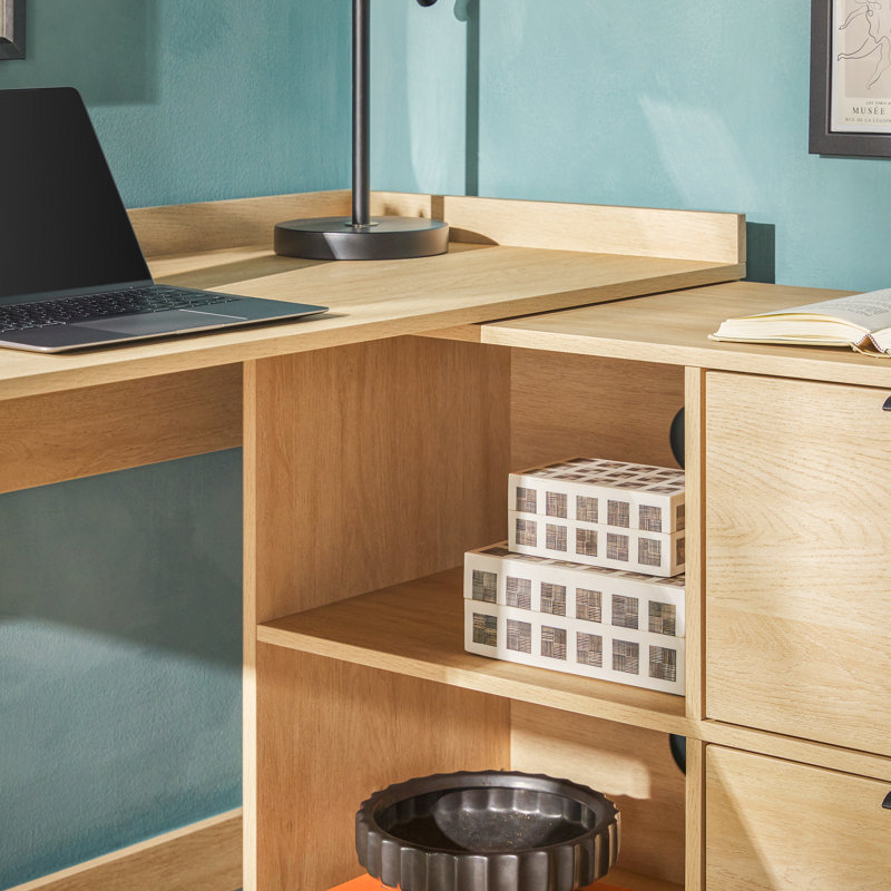 Bureau d'angle moderne en L avec rangement de tiroir, Chêne côtier