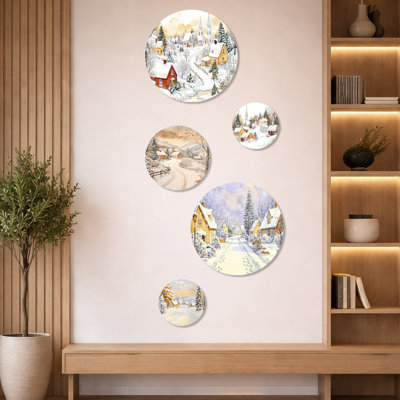 Snowy Winter Village In Canada - Winter Village Metal Wall Art Set of 5