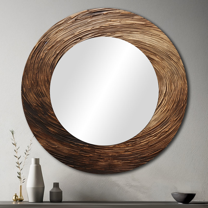 Miroir rond brun avec spirale abstraite I - décoration murale, 36 po x 36 po