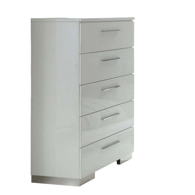Commode à cinq tiroirs moderne et ultrabrillante, parfaite pour un rangement stylisé et une mise en valeur de l'espace.