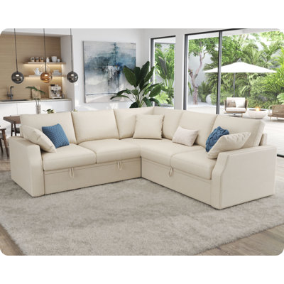 Sofa Bed, Sleeper Sofa With Storage Seat & Pull Out Bed , L Shape Sofa For Living Room, Linen
