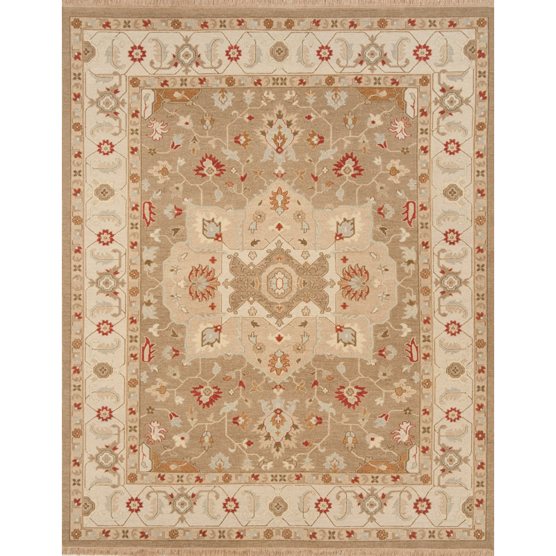 Tapis cacao / beige en laine tissé à plat à la main Ransom Soumak, Rectangle de 10 pi x 14 pi