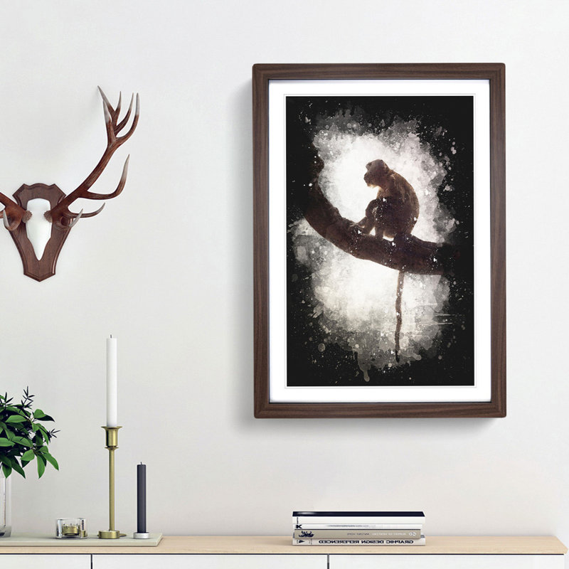 Long-Tailed Macaque Monkey Paint Splash - Picture Frame Graphic Art, 87cm H x 62cm W x 2cm D, Walnut Framed