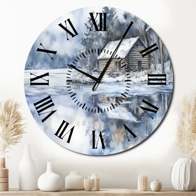 Horloge murale en métal représentant un chalet d'hiver dans les bois - Paysage