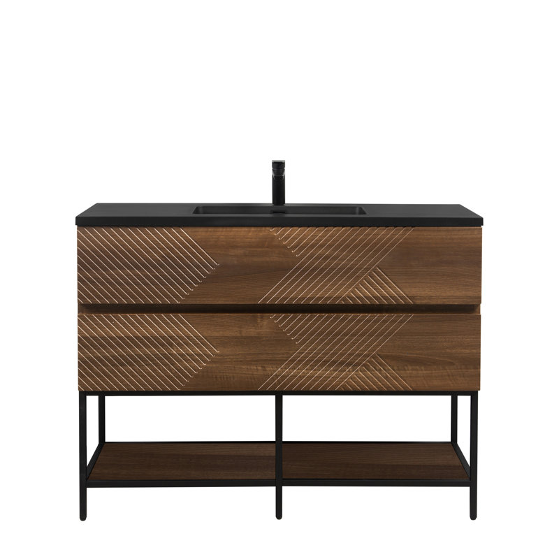 Abrem 48 po L x 19 po P 2 tiroirs Meuble-lavabo autoportant avec évier simple et Comptoir en Quartz noir d'ingénierie
