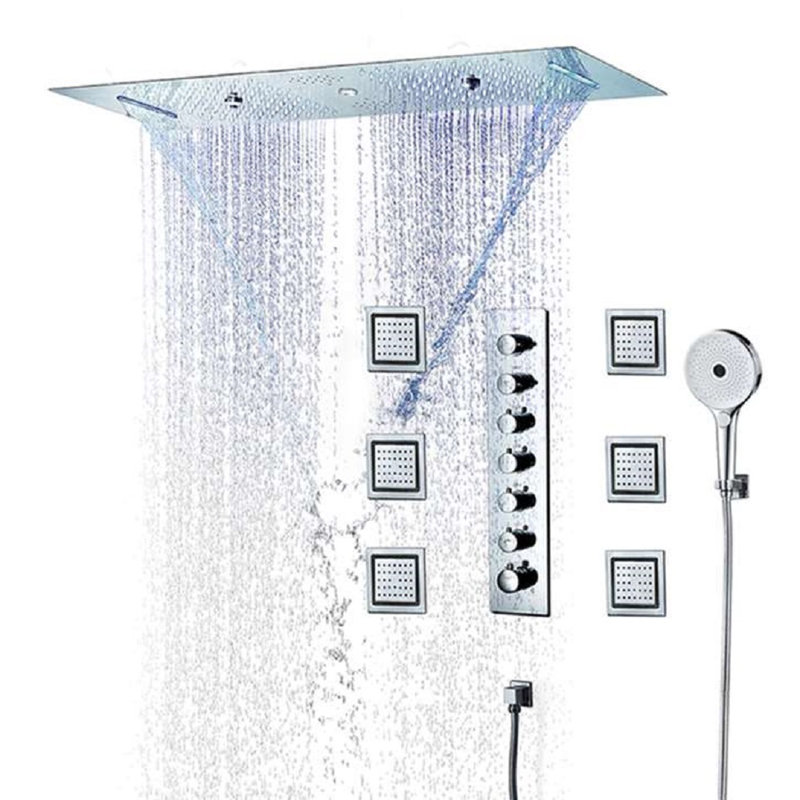 Rome Chrome LED Ceiling Shower Thermostatic Control with Jets Waterfall and Hand Shower, Knob