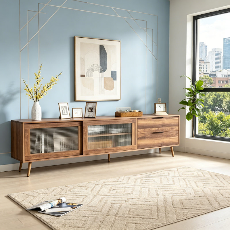 Meuble télé en bois avec porte coulissante en verre trempé, console multimédia moderne avec tiroirs et rangement ouvert