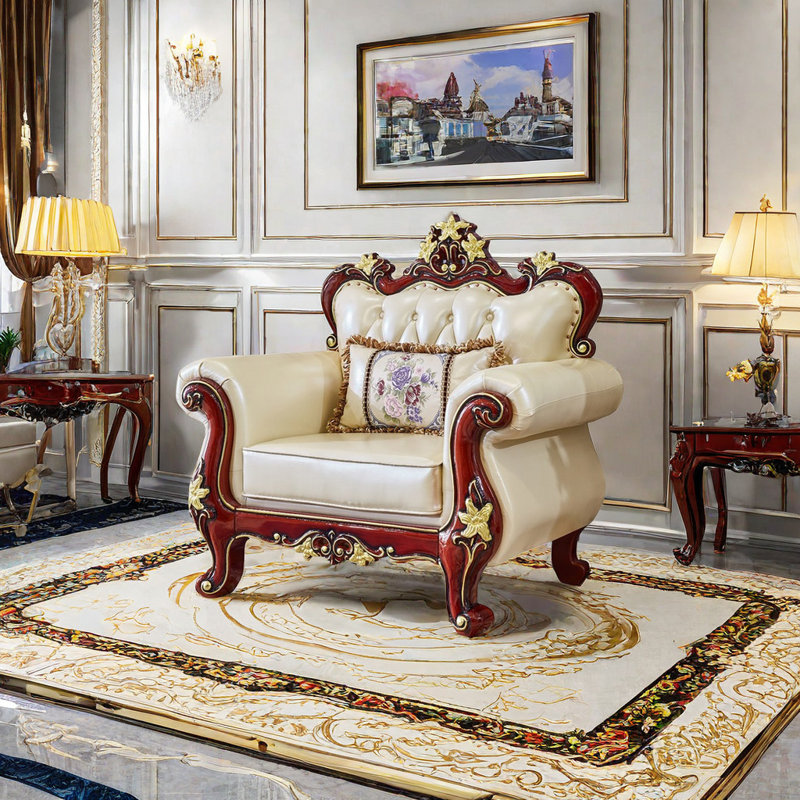 Fauteuil en cuir véritable capitonné European, Cuir véritable champagne