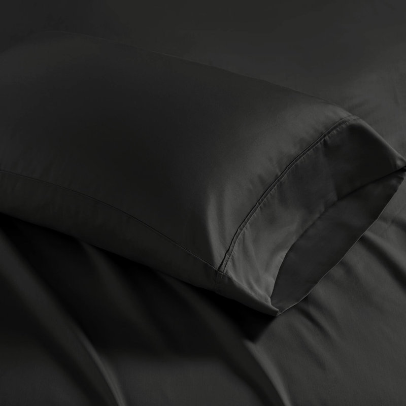 4 draps en mélange de coton noir à densité de tissage 1500, tissage froissé, finition, drap-housse à poche profonde, 2 taies d'oreiller, lavable à la machine, à plat et draps, lavable