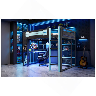 Lit mezzanine double en bois avec bureau, tablettes, prise de courant et ports USB / Type-C, et lumière RVB, noir et bleu