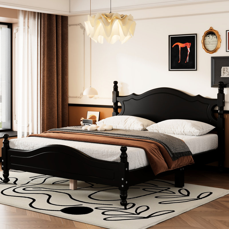 Retro Style Queen Platform Bed, Black Wood With Strong Slat Size Slat, Stable Support