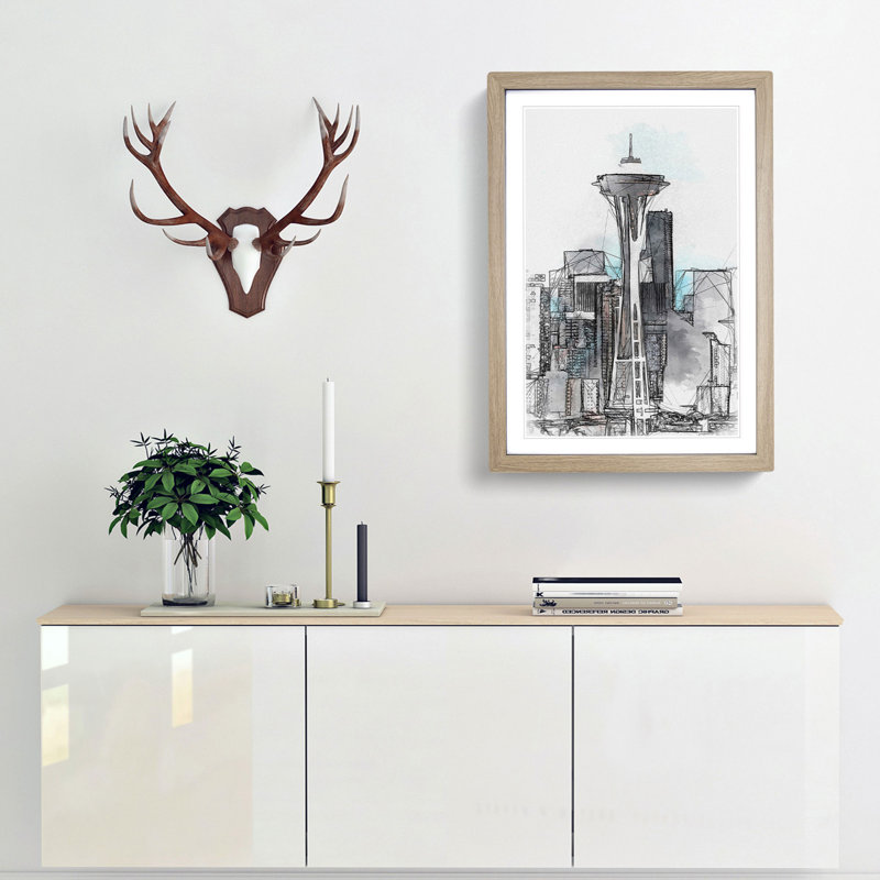 Space Needle in Seattle Washington in Abstract - Picture Frame Graphic Art Print, 65cm H x 48cm W x 2cm D, Oak Framed