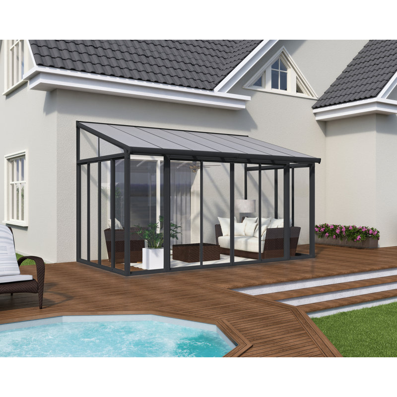 Palram - Canopia SanRemo 10' x 14' Acrylic Aluminum Enclosed Patio Gazebo with Polycarbonate Roof Panel All-Season Outdoor Room in Gray/Diffused Clear