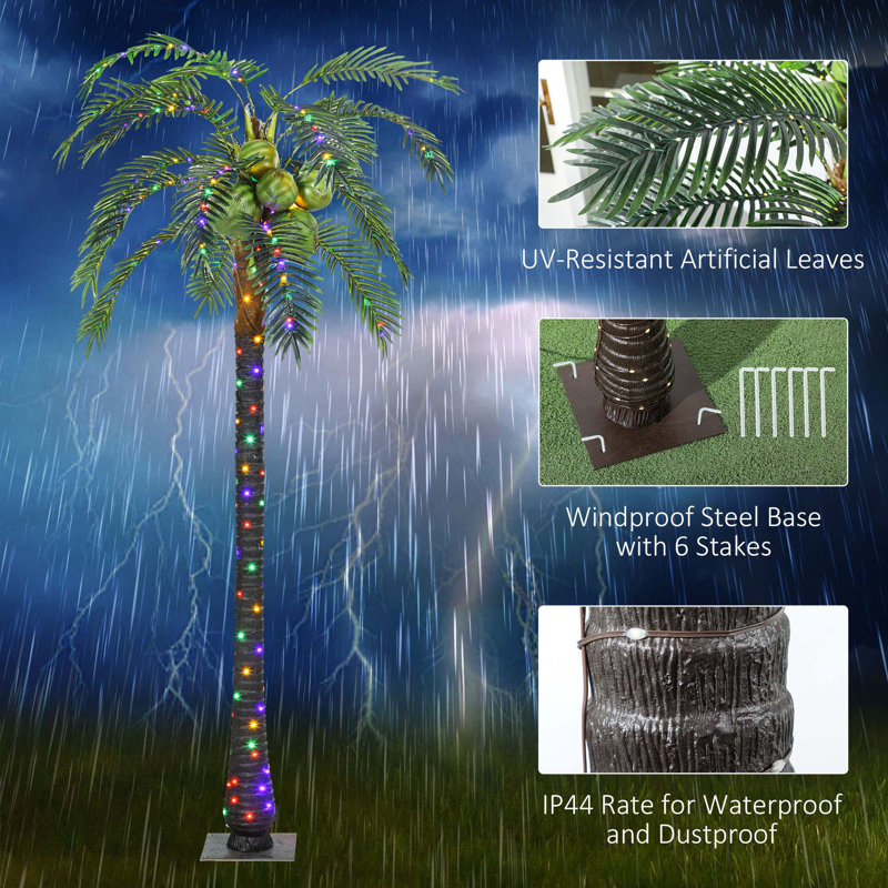 7' Artificial Lighted Palm Tree With 5 Coconuts, 280 Colour Changing LED Light
