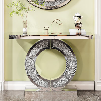 Miroir en forme de O, table de couloir en cristal, conception moderne pour la maison, verre miroir, cadre à double base, surface plane lisse, manuel d'assemblage avec guide étape par étape et étiqueté, profondeur de 43,4 po, largeur de 11,82 po,
