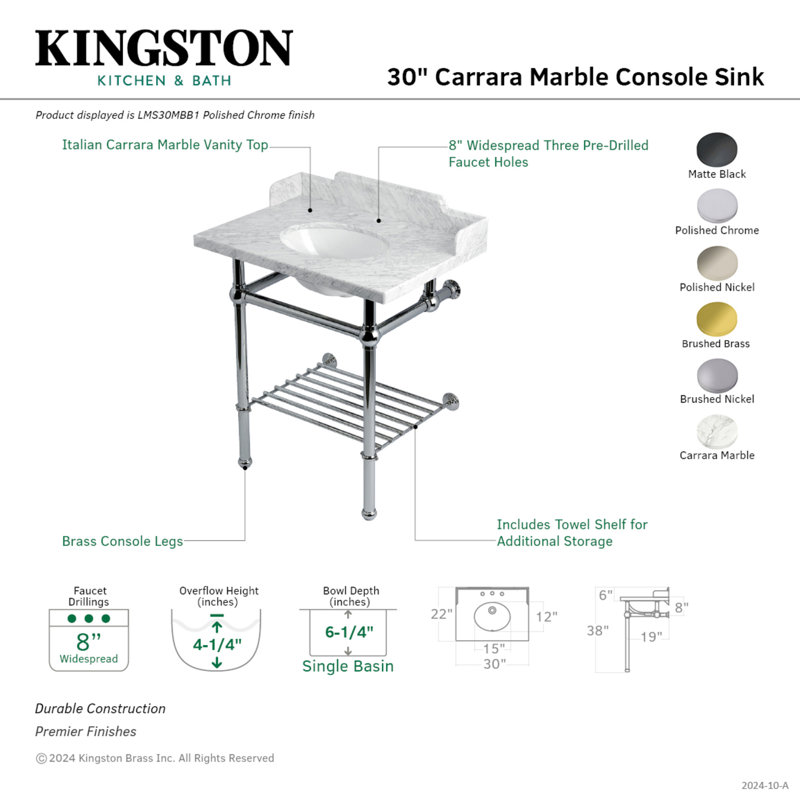 Kingston Brass Pemberton 30-Inch Carrara Marble Console Sink with Brass Legs and Shelf (8-Inch, 3-Hole)