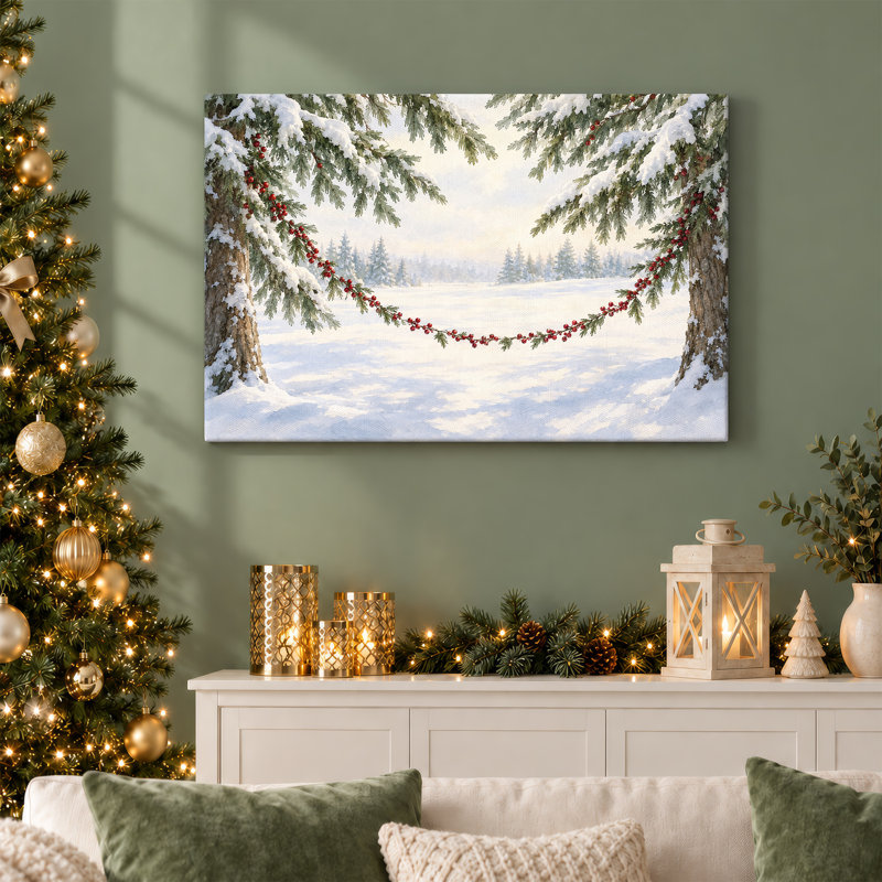 Snowy Pine Trees Framing Winter Scene With Red Christmas Canvas Wall Art, H 12 po x l 18 po