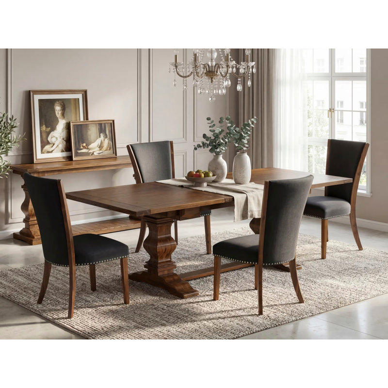 L'ensemble de table de cuisine 5 pièces pour 4 personnes comprend une table de salle à manger rectangulaire avec rallonge amovible et 4 chaises Parson en tissu de couleur noire, noyer antique