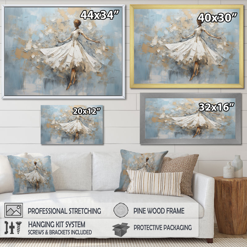 Minimalisme dansant blanc et bleu sur toile, H 32 po x l 16 po x P 1 po, Cadre flottant doré