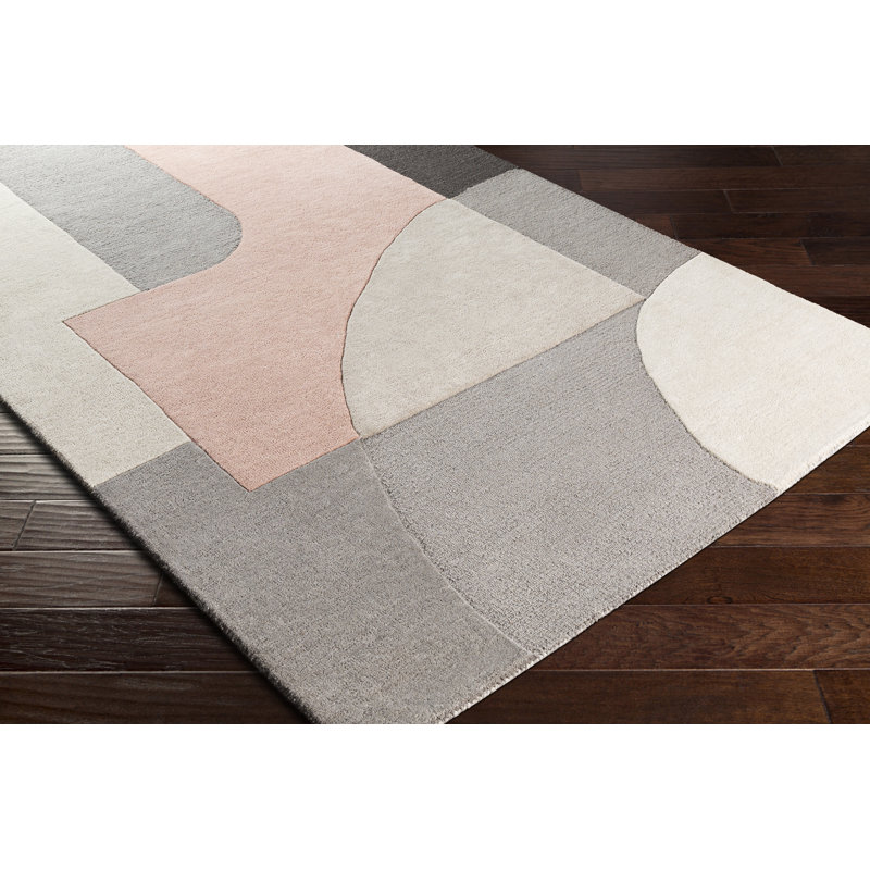 Amyerra Geometric Handmade Tufted Wool Salmon/Gray Area Rug, Rectangle 8'10" x 12'
