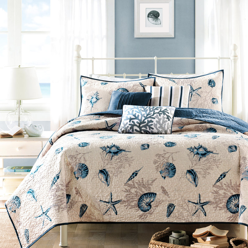 Literie Coastal pour lit simple - Collection de courtepointe en microfibre bleue avec coussins simple / simple TG
