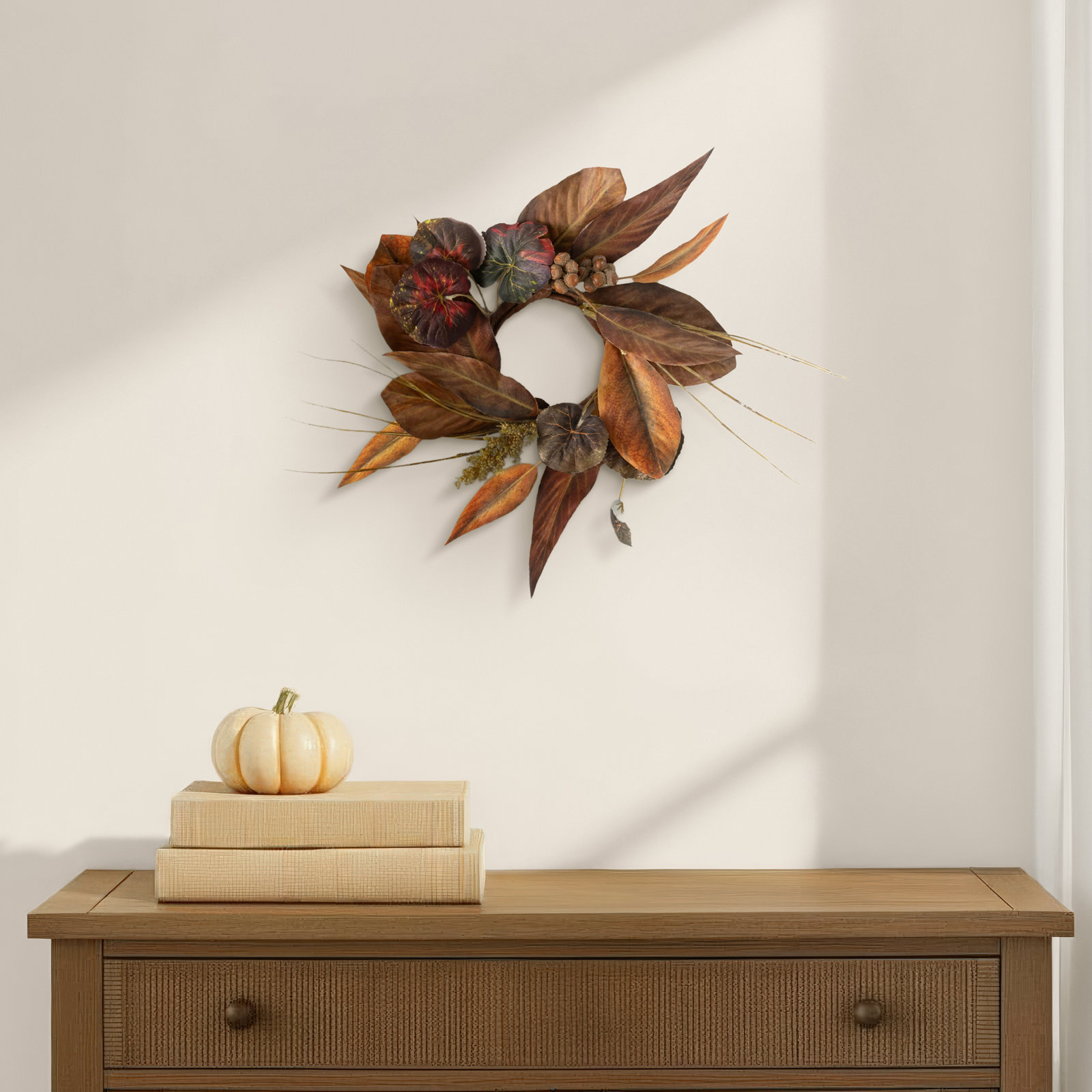 14.5" Artificial Magnolia Leaf Fall Accent Ring, Brown