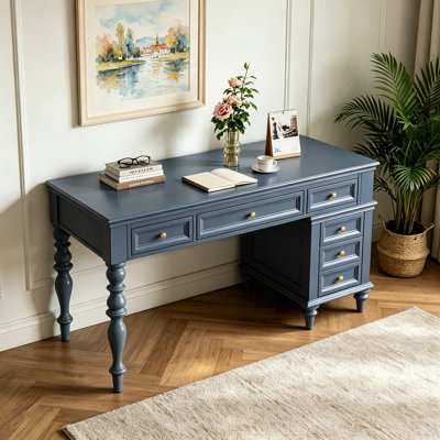 Bureau en bois massif de style champêtre avec 6 tiroirs