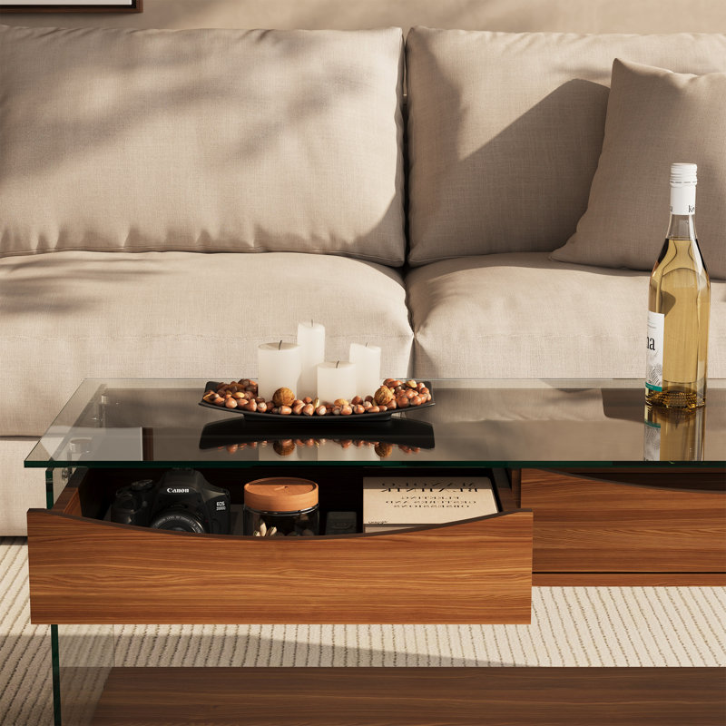 43'' W Rectangular Coffee Table with Tempered Glass Top, Walnut Finish, Drawers & Open Shelf