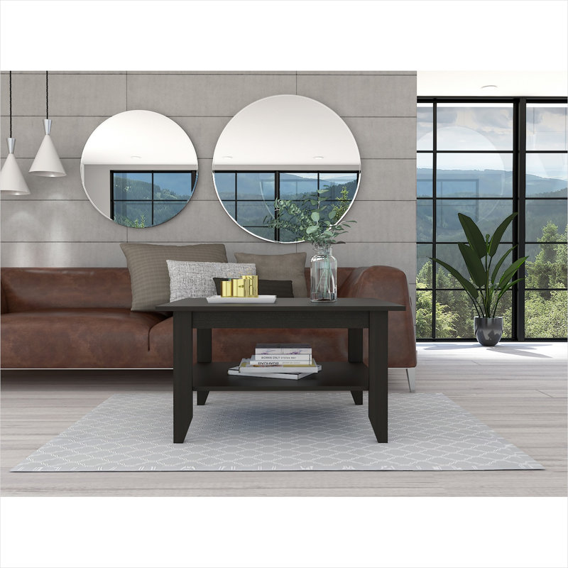Rectangular Coffee Table with Open Shelf, 27.6x31.5 Inches, Matte Black Particle Board