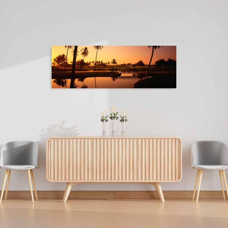 Parcours de golf au coucher du soleil, Isla Navidad, Mexique, palmier abstrait, art mural tropical, H 16 po x l 48 po