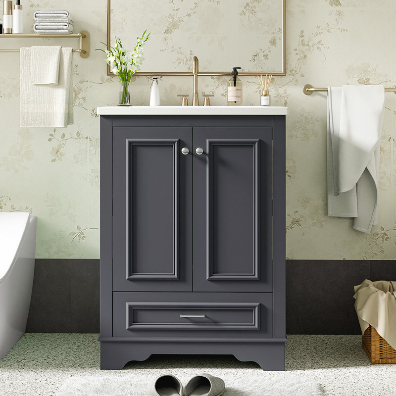 Ensemble de meuble-lavabo avec lavabo en céramique et poignées argentées, Bleu gris