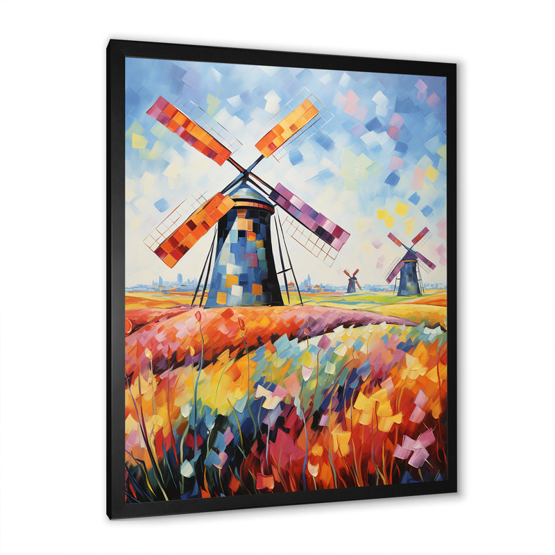 «Colorful Flower Meadow Windmills II - Wind Turbines», art mural, Cadre simple noir, H 20 po x l 12 po x P 1 po