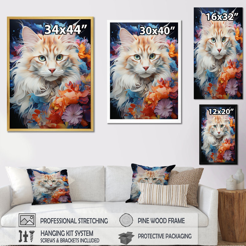«Ragamuffin Radiance Multicolor Cat Collage», reproduction d'art mural, H 44 po x l 34 po x P 1,5 po, Cadre doré simple