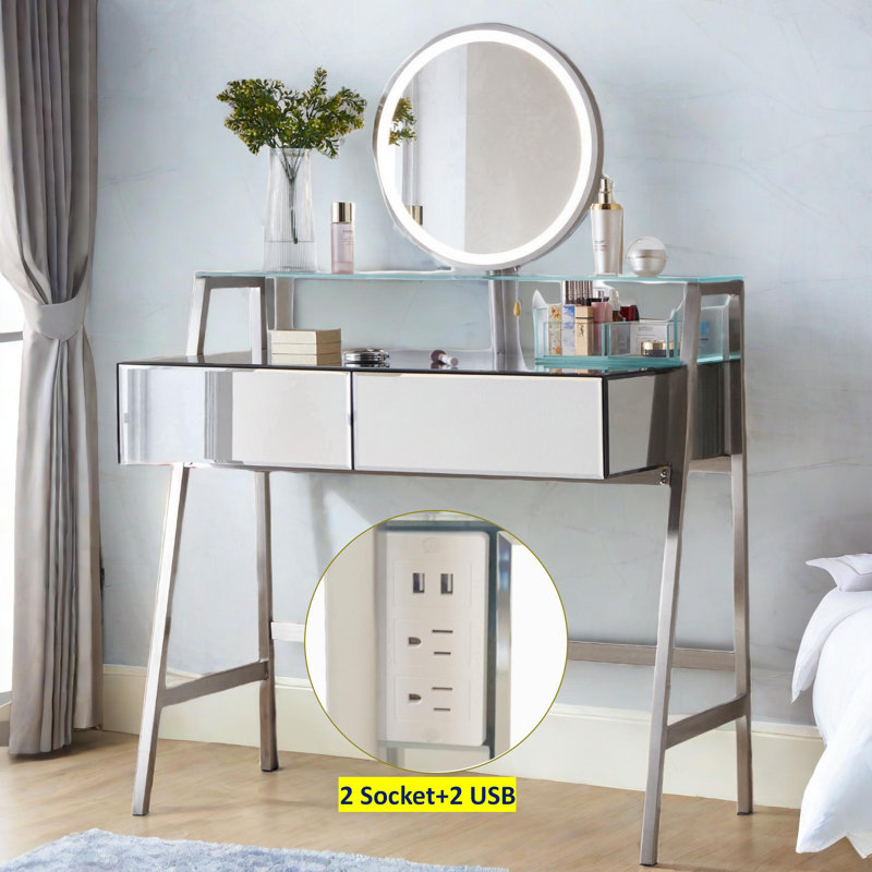 Coiffeuse Fumiaki avec miroir éclairé, 2 tiroirs, une tablette ouverte, des boîtes de rangement et une station de charge