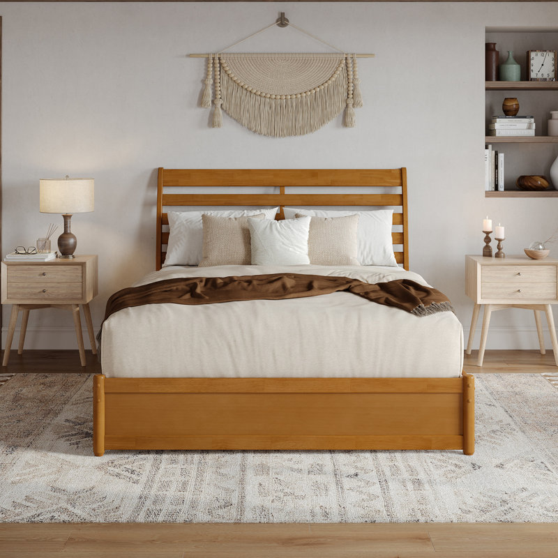 Lit plateforme en bois massif Lamareon avec pied de lit et lit gigogne, Caramel clair, Grand