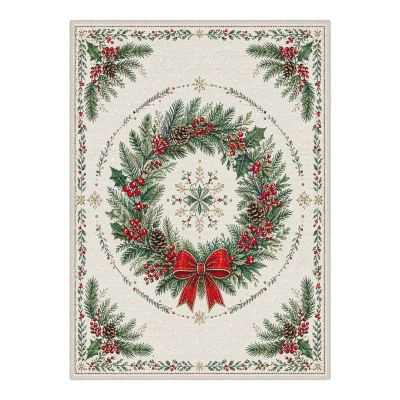 Tapis de salle à manger lavable à poils courts, motif guirlande et couronne de pommes de pin, ivoire/vert, à fleurs de Noël