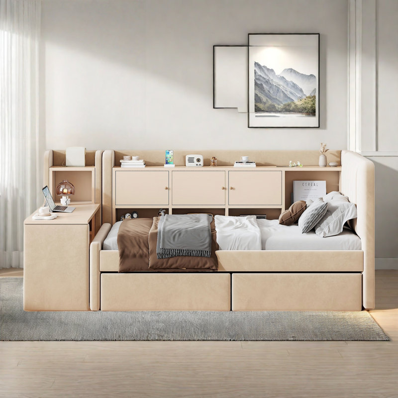 Upholstered Daybed With 2 Drawers, Storage Shelves, Flip Cabinets & Side Table, Vertical Striped Design, Beige