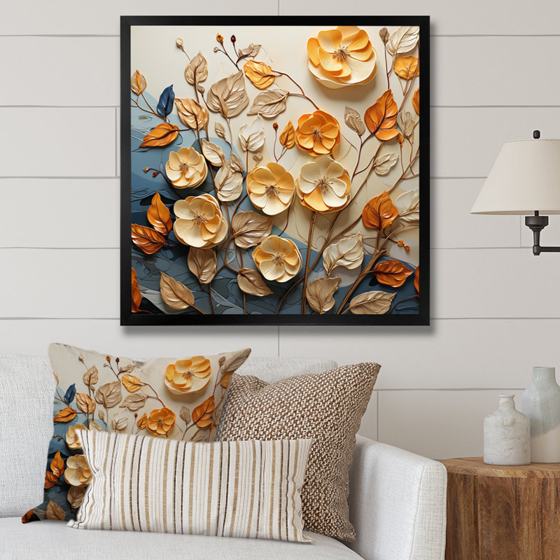 Feuilles d'or et d'orange dans la brise sur toile, Cadre simple noir, H 16 po x l 16 po x P 1 po