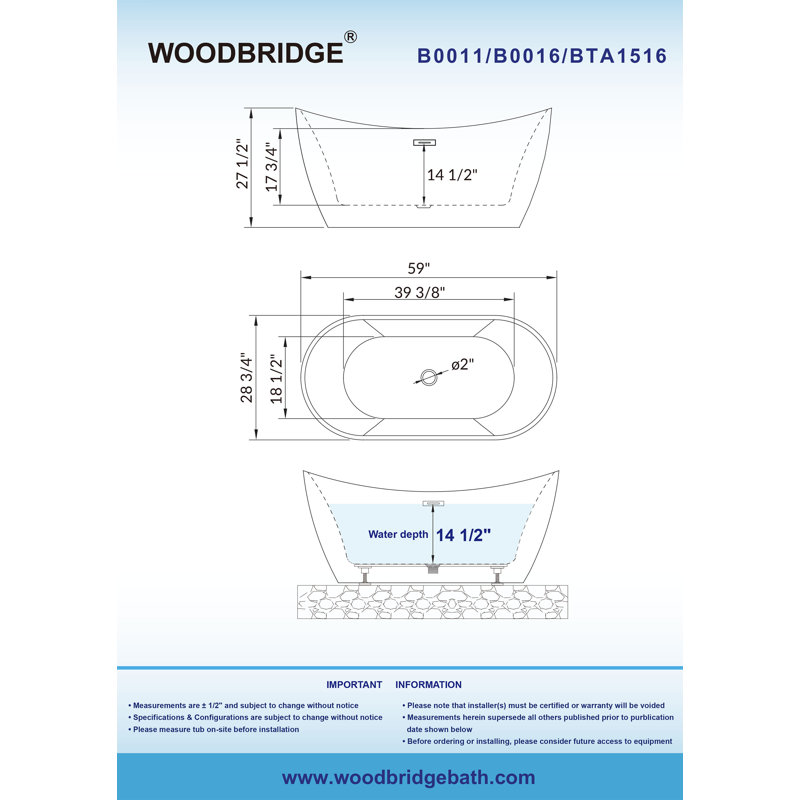 59'' x 28.75'' Freestanding Soaking Acrylic Bathtub, White with Brushed Nickle