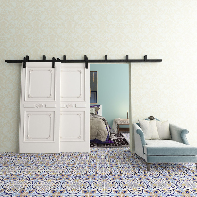 Black Rustic Straight Design U Bracket Double Track Bypass Two Door Barn Door Hardware Kit, 156 in.