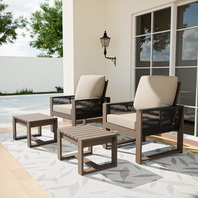 4-Piece Outdoor Patio Cedar Wood Brown Round Wicker Lounge Chair Conversation Set with Olefin Thick Cushions, Ottomans by Ophelia & Co.