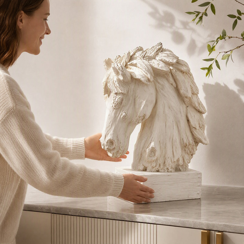 Sculpture tête de cheval rustique avec base, figurines d'animaux de ferme, Blanc