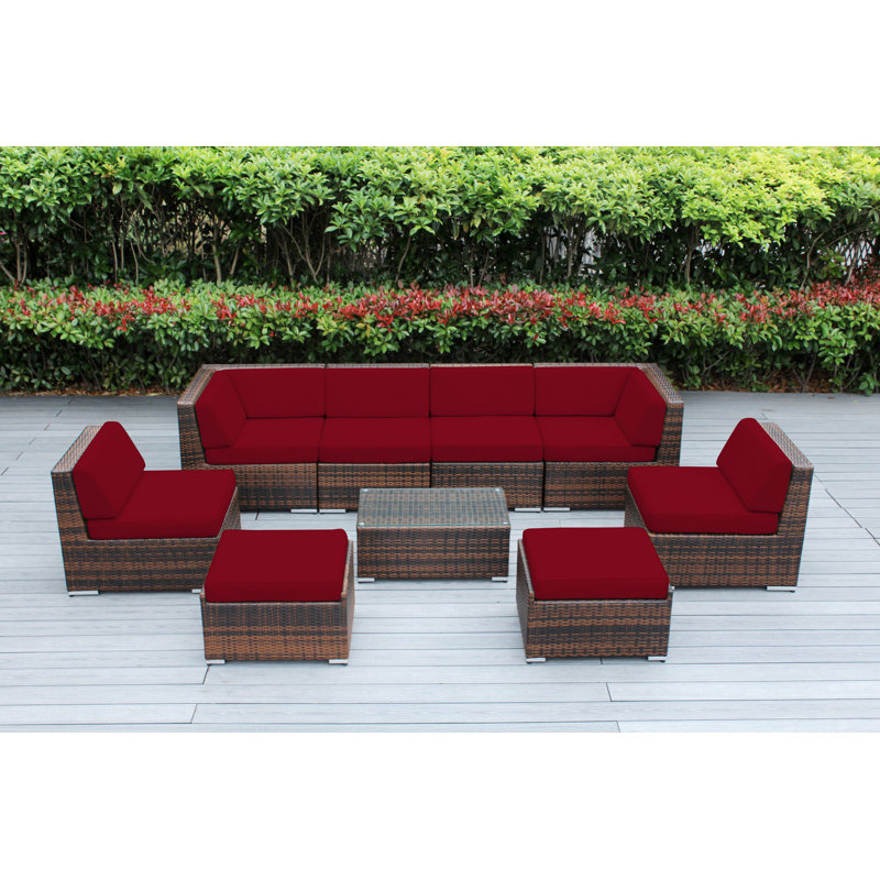 Ensemble de conversation en osier pour 8 personnes avec coussins - aucun assemblage, Toile Sunbrella® rouge Jockey