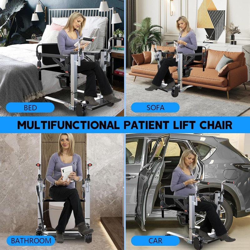 Folding Patient Transport Lift Chair | 4-in-1 Rollator Commode & Shower Safety Seat with Adjustable Width