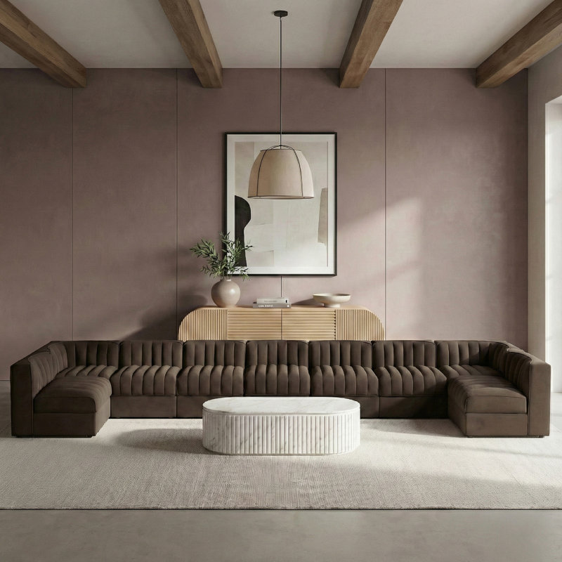 Tissu d'ameublement en velours Demars 9 pièces Demars Canapé modulaire modulaire, Velours brun, 27" H x 213" W x 63" D